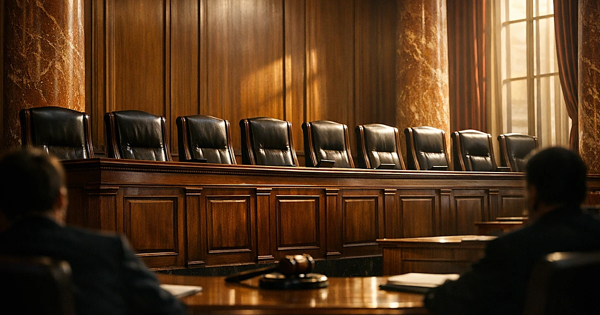 Empty Supreme Court judicial bench with nine chairs in afternoon light showing institutional unity