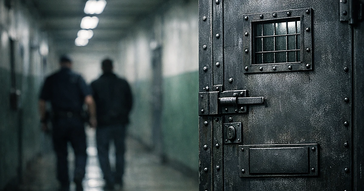 Heavy steel prison cell door in dimly lit European correctional facility corridor