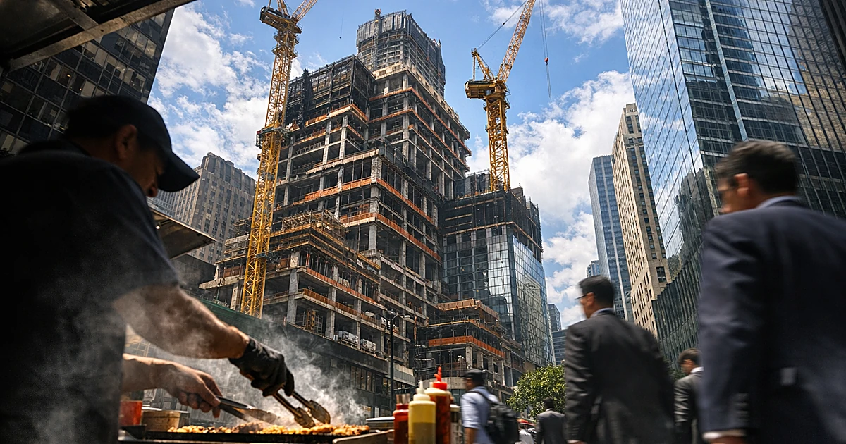 Food cart vendor working beneath construction site with office tower and cranes in Midtown Manhattan