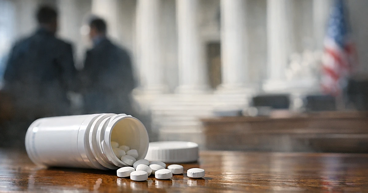 Prescription pill bottle on its side with scattered white pills on wooden surface in natural light