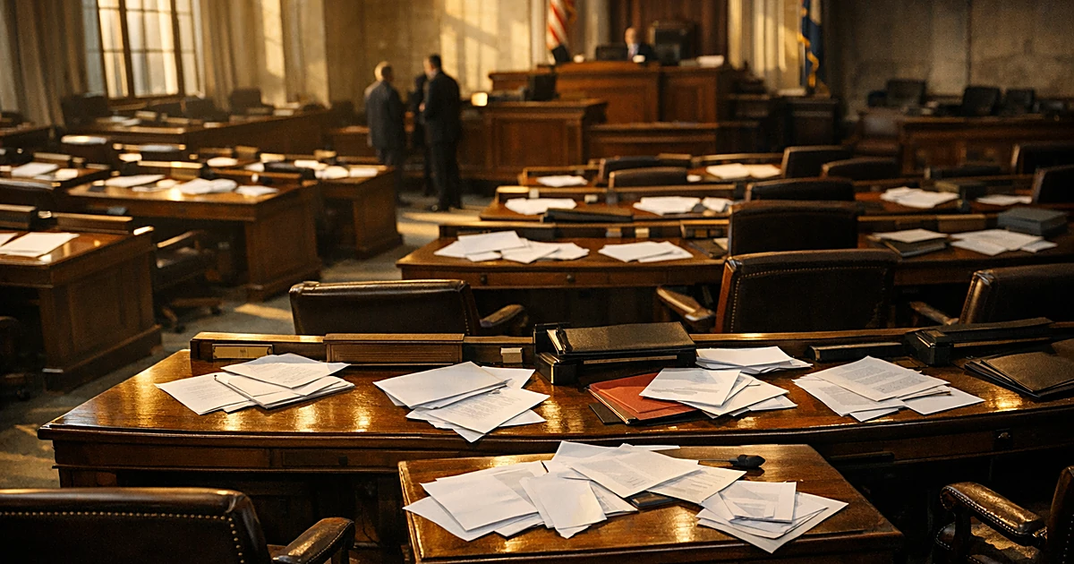 Empty Minnesota legislative chamber with scattered papers on desks, afternoon light through windows
