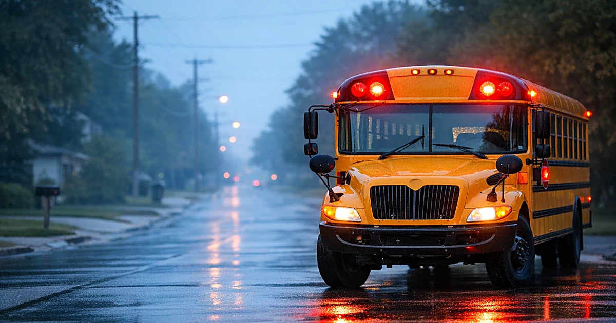 Yellow school bus with red warning lights flashing on empty suburban street at dawn