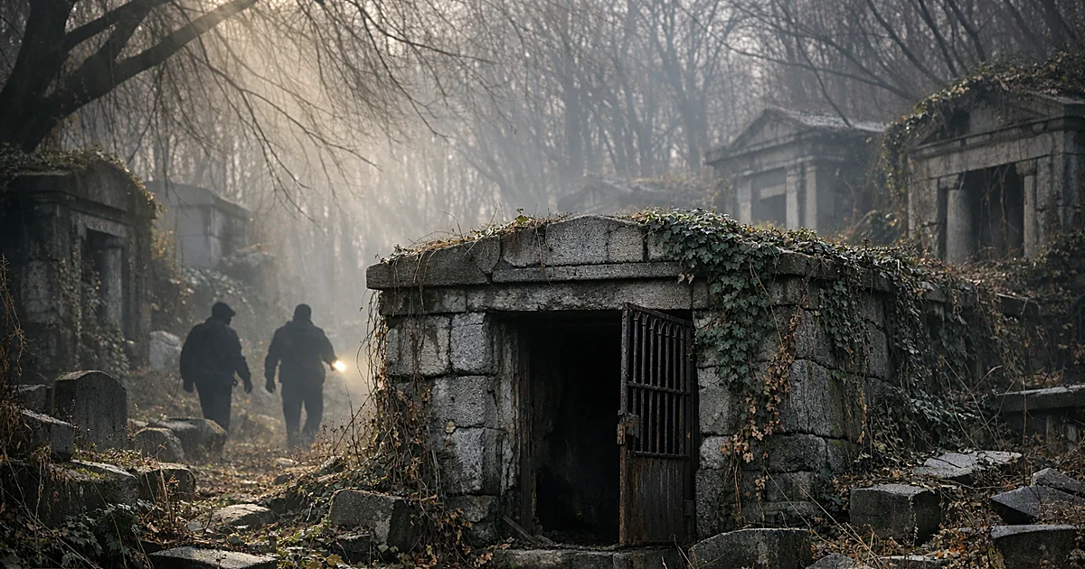 Overgrown abandoned cemetery with weathered stone crypt entrance surrounded by wild vegetation and fog