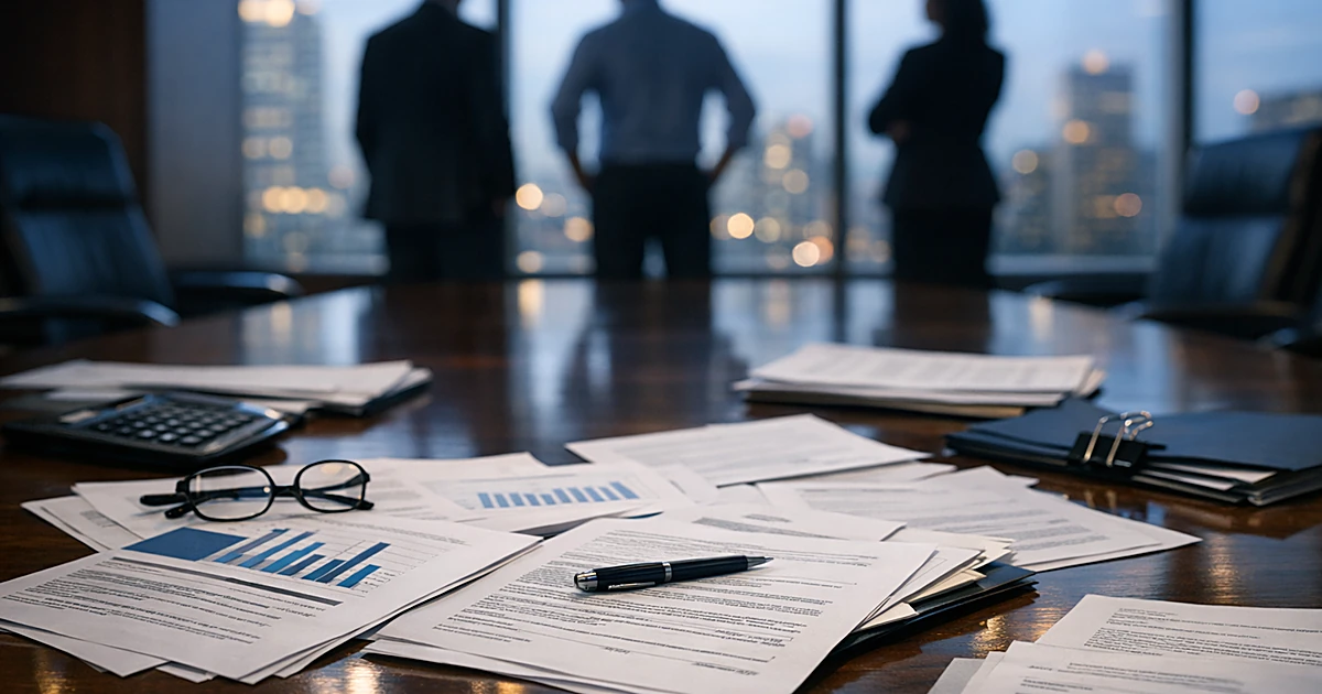 Corporate boardroom with scattered regulatory documents and silhouetted business figures near windows