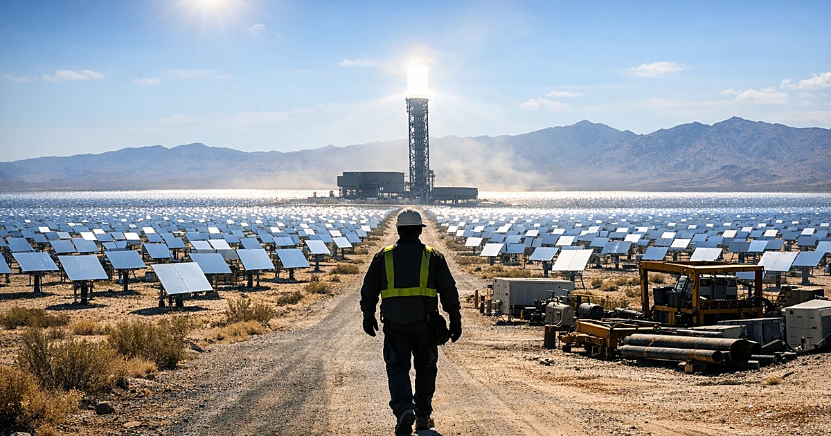 Wide view of solar thermal plant with mirror arrays stretching across Mojave Desert under harsh sunlight
