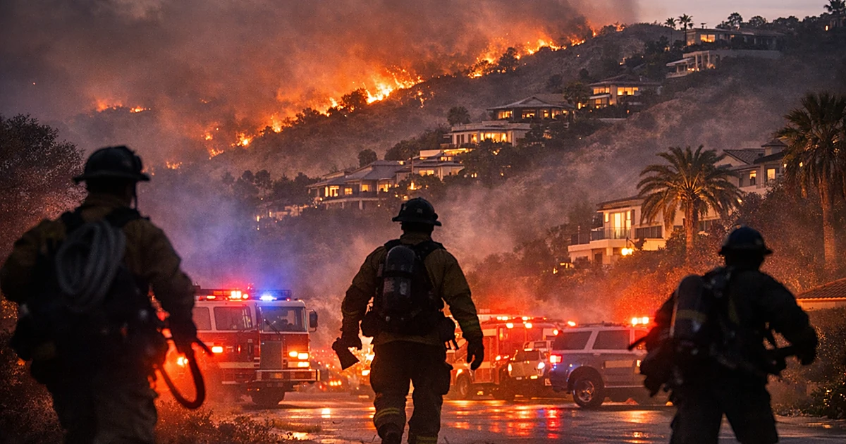 Silhouetted firefighters respond to wildfire threatening hillside neighborhood at dusk with emergency lights flashing