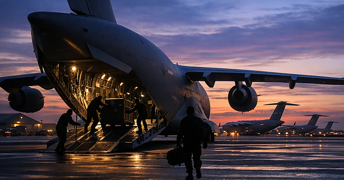 Military cargo aircraft being loaded at dusk on expansive air base with multiple planes visible in background