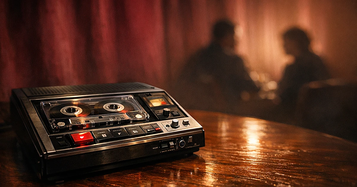 Vintage cassette recorder with tape reels turning on wooden surface in dramatic lighting