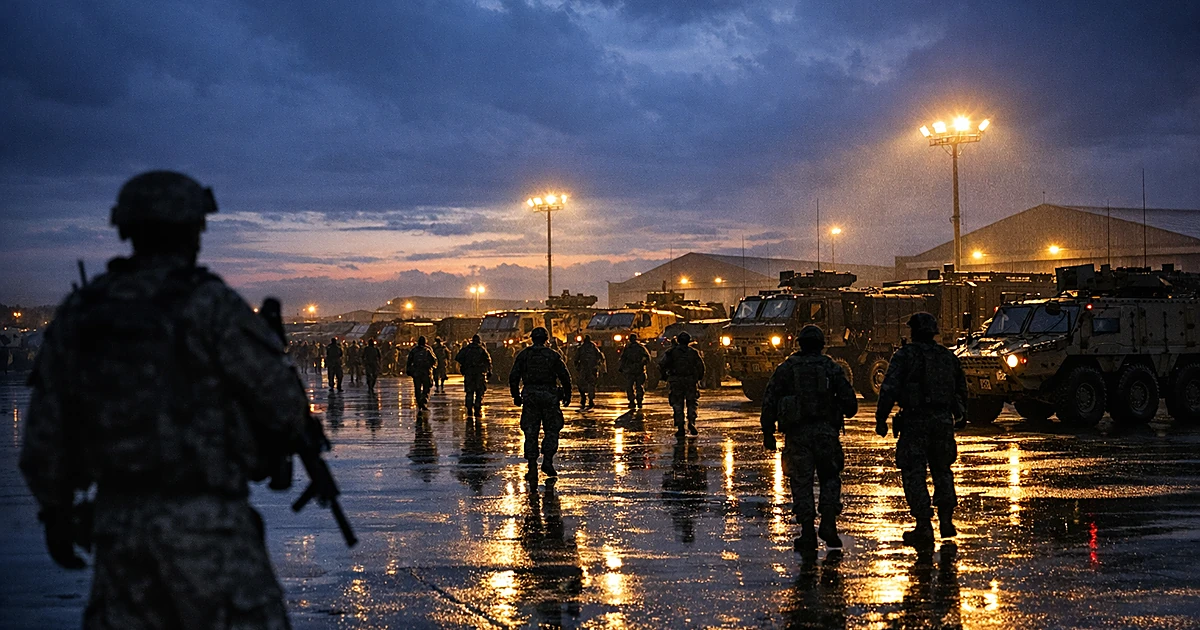 U.S. military vehicles and silhouetted troops on European airfield at dusk during brigade operations