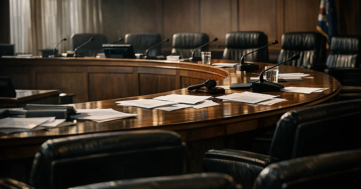Empty city council chamber with scattered papers and microphones on curved bench under dramatic window lighting
