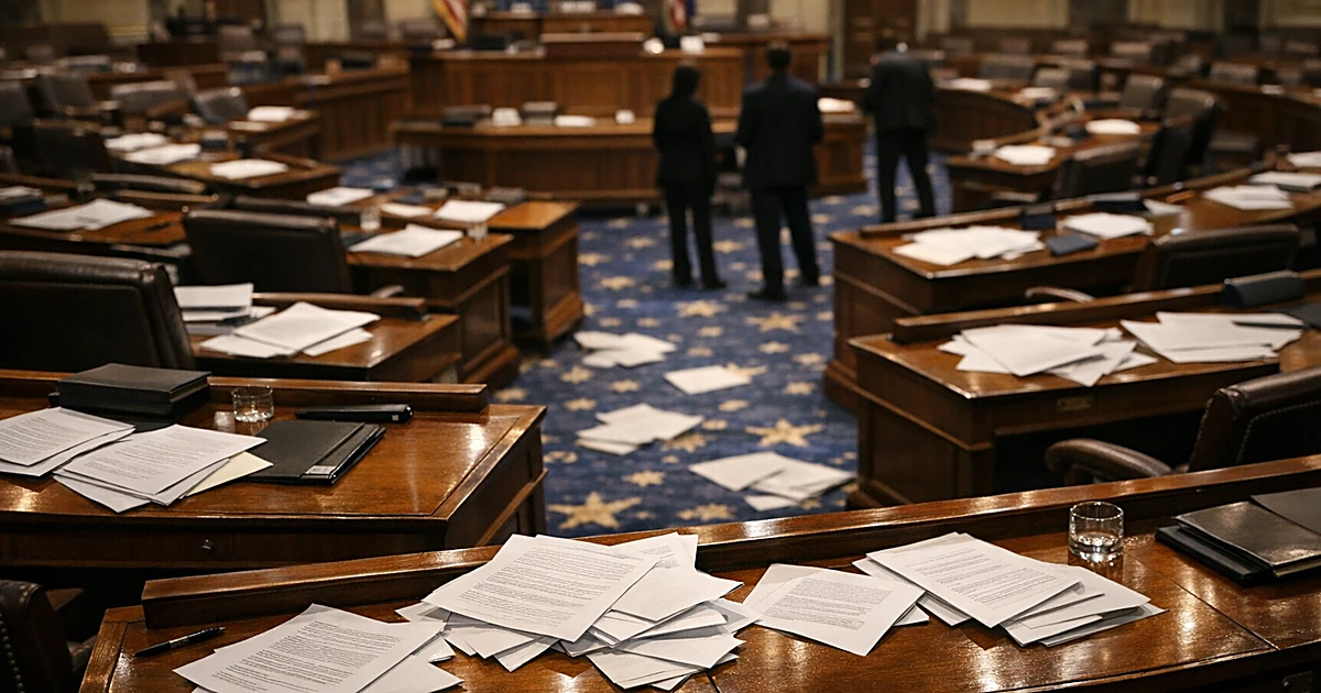 Empty Senate chamber with scattered papers on mahogany desks after legislative session