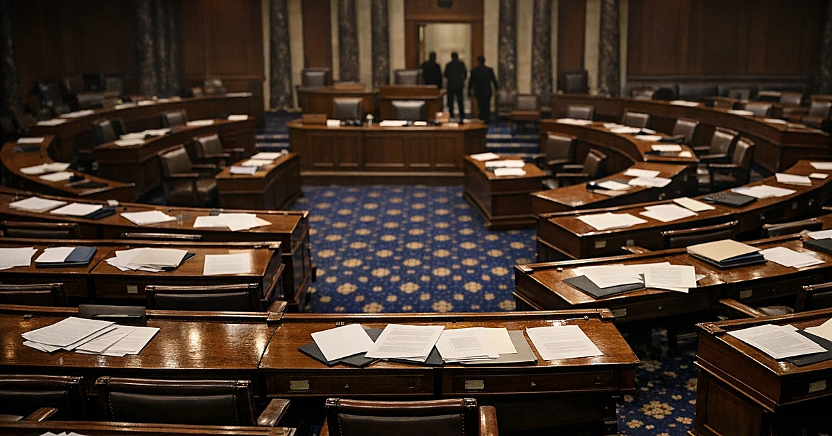 Empty Senate chamber with curved rows of wooden desks scattered with papers, shot from elevated angle