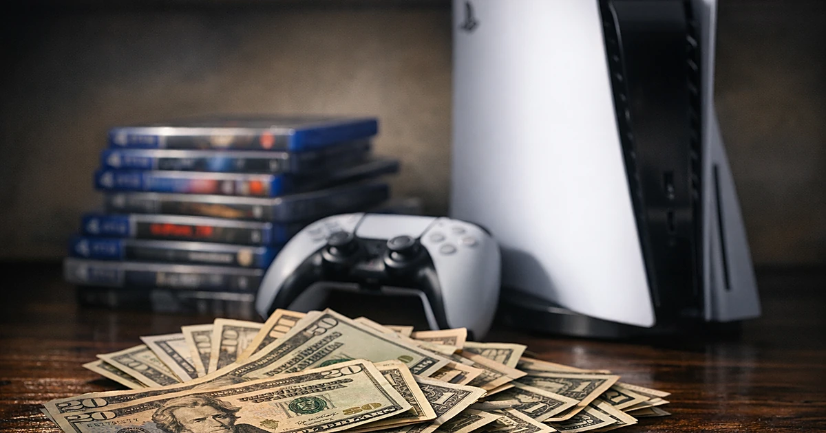 PlayStation 5 console with scattered cash bills and stacked game cases on dark surface with dramatic lighting