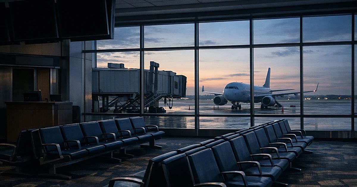 Empty airport terminal gate with vacant seating and dark departure boards at dawn, aircraft visible on tarmac outside