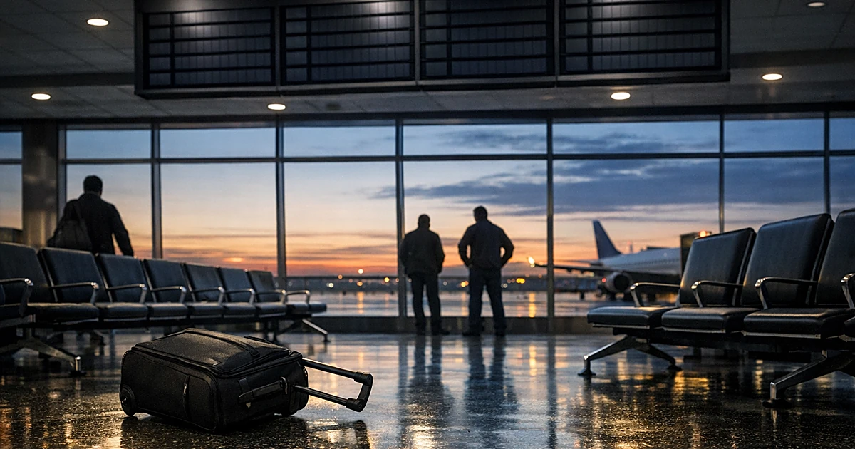 Empty airport terminal at dawn with abandoned luggage and blank departure board