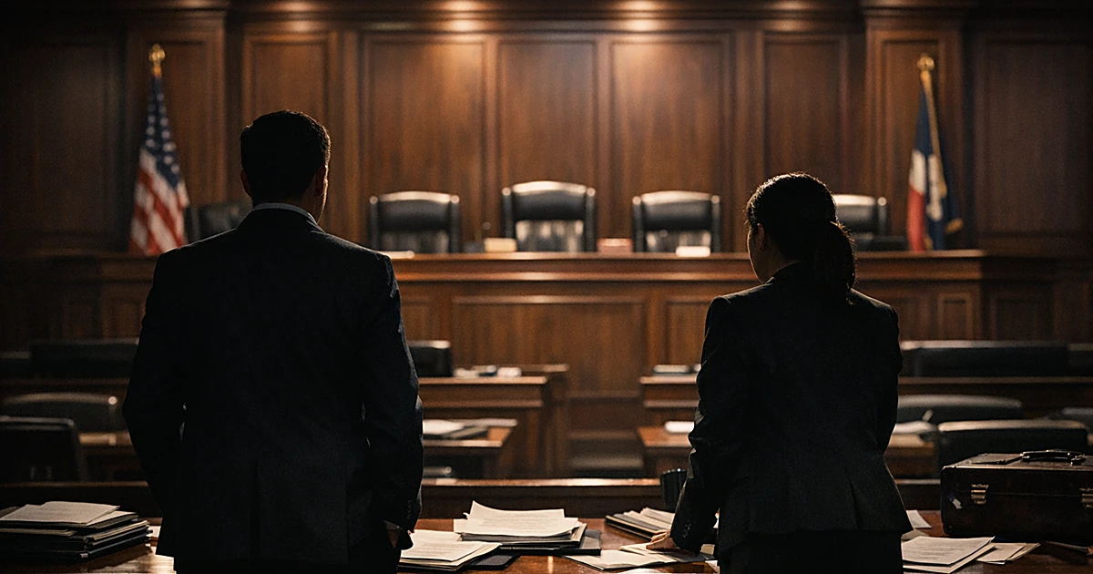 Empty Supreme Court-style judicial bench with silhouetted attorneys at counsel tables in foreground