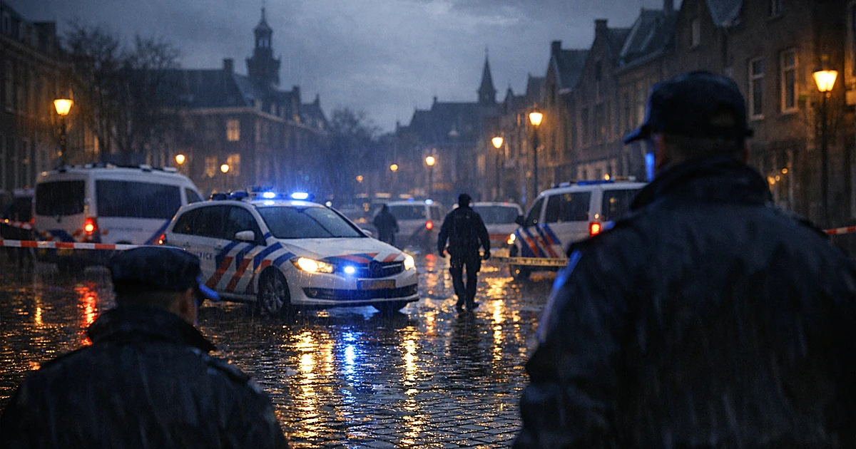 Police vehicles with emergency lights on wet cobblestone street in The Hague at dusk with officer silhouettes