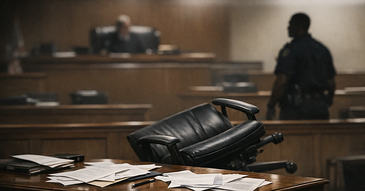 Empty courtroom defense table with overturned chair and scattered legal documents after violent outburst