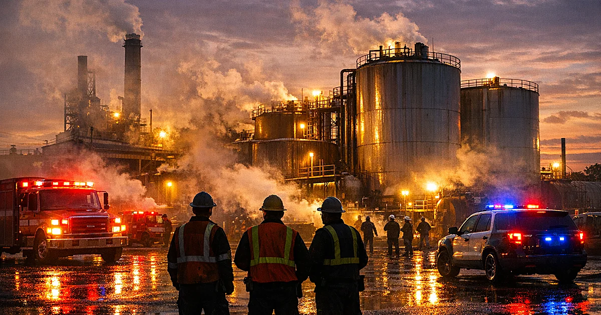 Industrial asphalt plant with large storage tanks and emergency lights reflecting on wet pavement at dusk