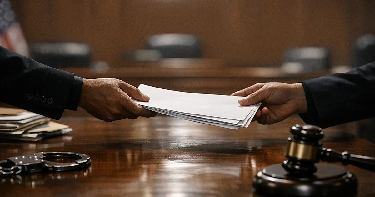 Legal document being exchanged across courtroom table between silhouetted figures in federal courthouse interior