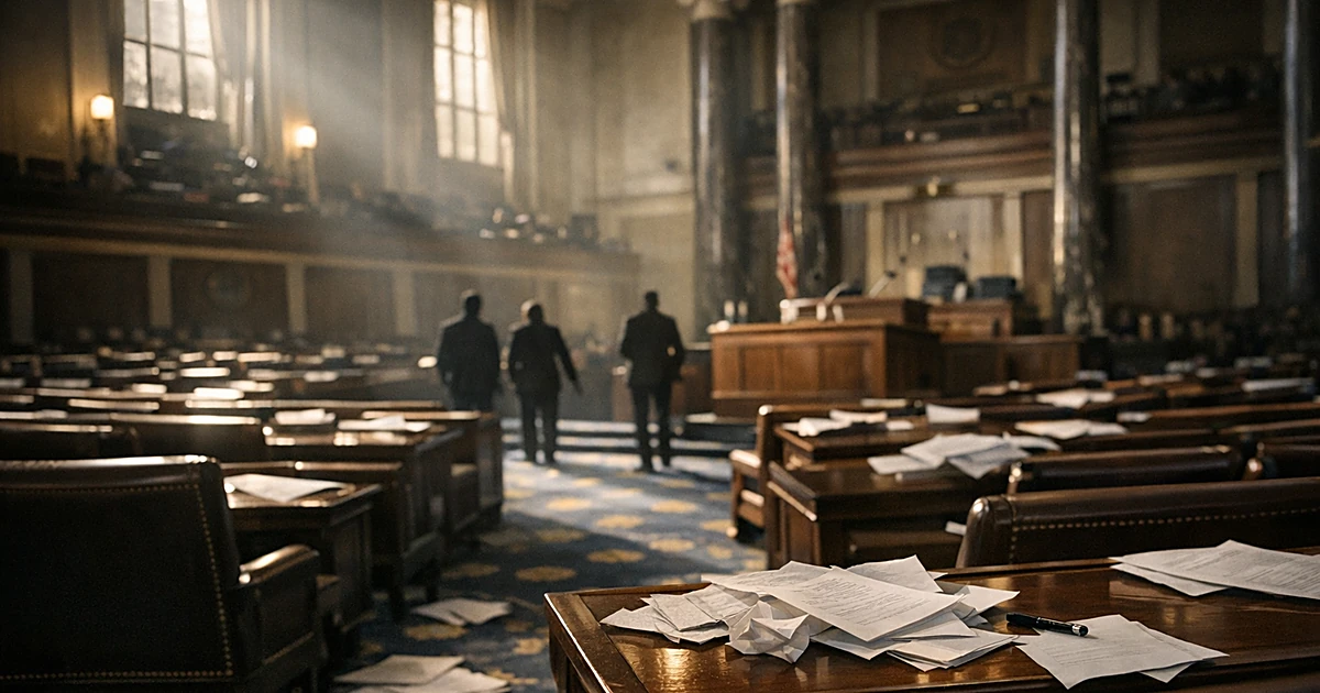 Empty legislative chamber with scattered papers on desks and dramatic window lighting casting shadows across seats
