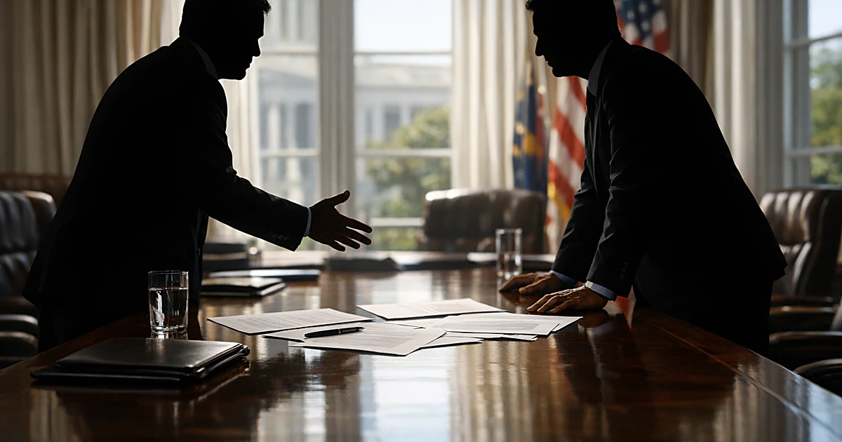 Silhouetted figures in discussion across government boardroom table with documents in natural daylight