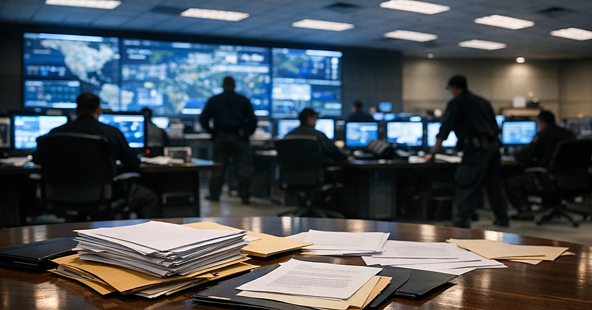 Silhouetted personnel at monitoring stations inside a Department of Homeland Security operations center
