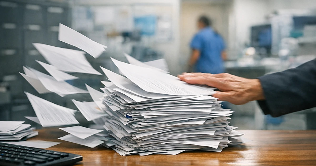 Stack of medical authorization forms being swept off a hospital administrative desk in motion