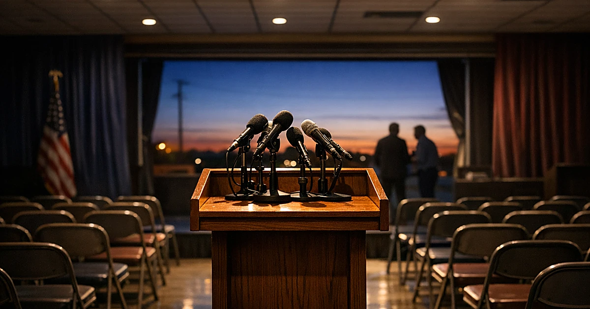 Empty podium with microphones on community center stage with rows of chairs in soft focus