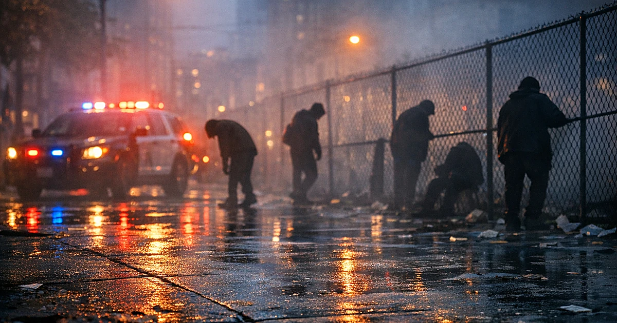 Wet urban sidewalk at dusk with distant silhouettes and emergency lights reflecting on pavement
