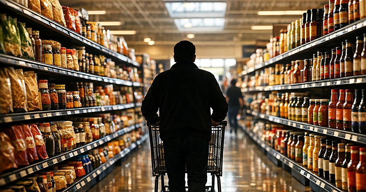 Shopper silhouette pushing cart down retail store aisle with diverse product shelves in natural lighting