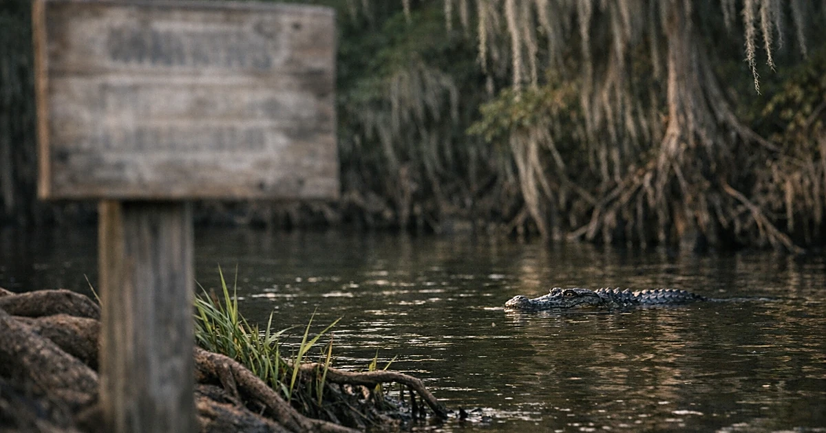 Warning sign at edge of dark river surrounded by cypress trees and Spanish moss in Florida wetland