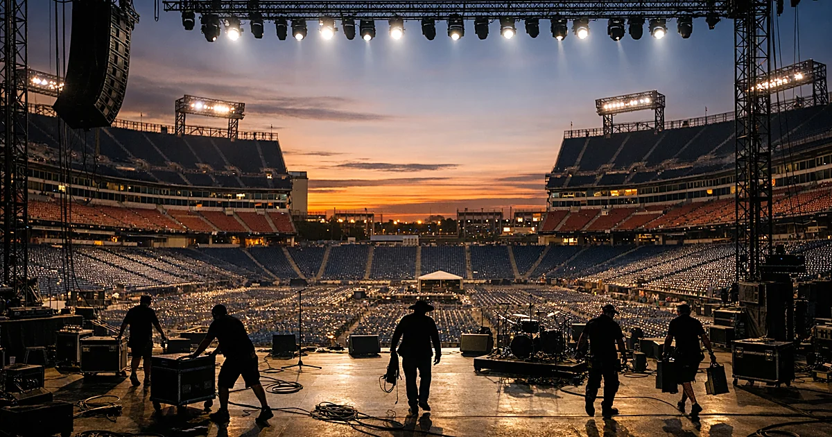 Empty concert stage at dusk in large outdoor stadium with crew silhouettes moving equipment after performance