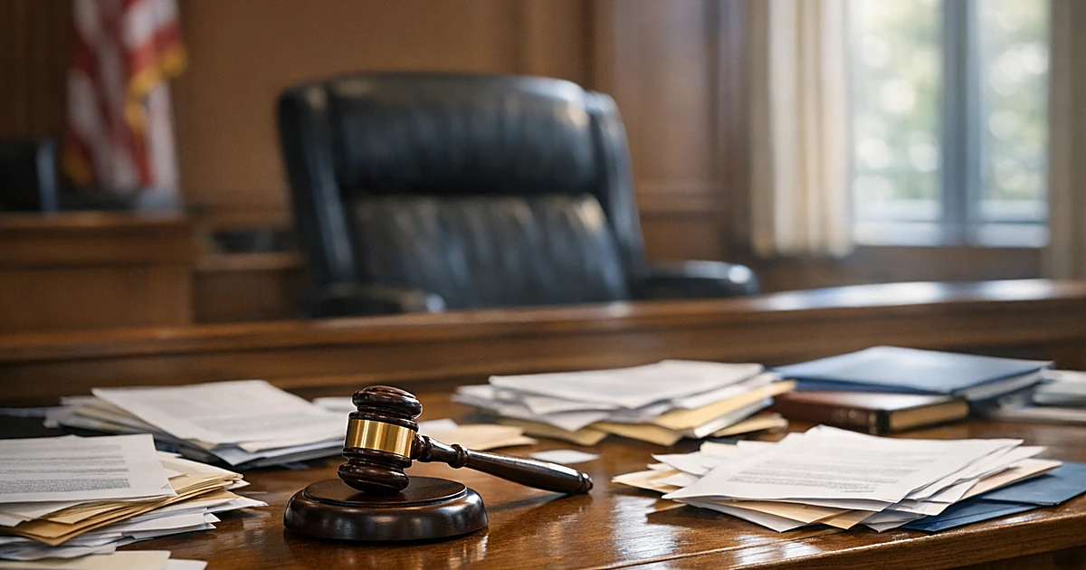 Empty Alaska courtroom judge's bench with scattered legal documents and gavel after ruling delivered