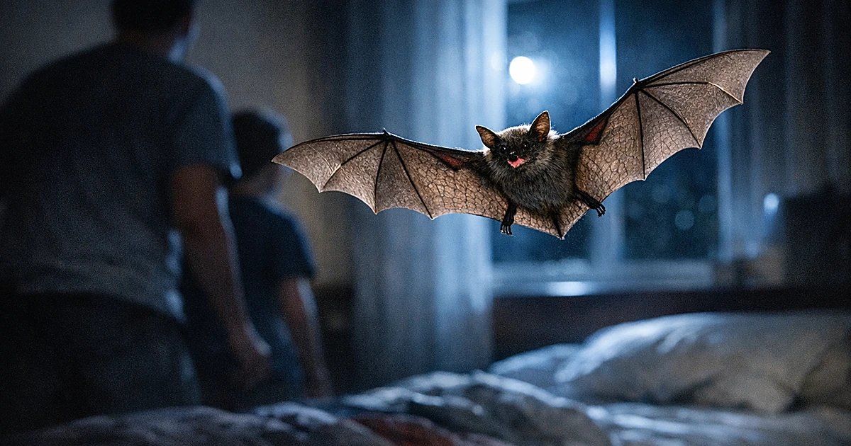 Brown bat in flight near bedroom window at night with wings extended against dark interior background