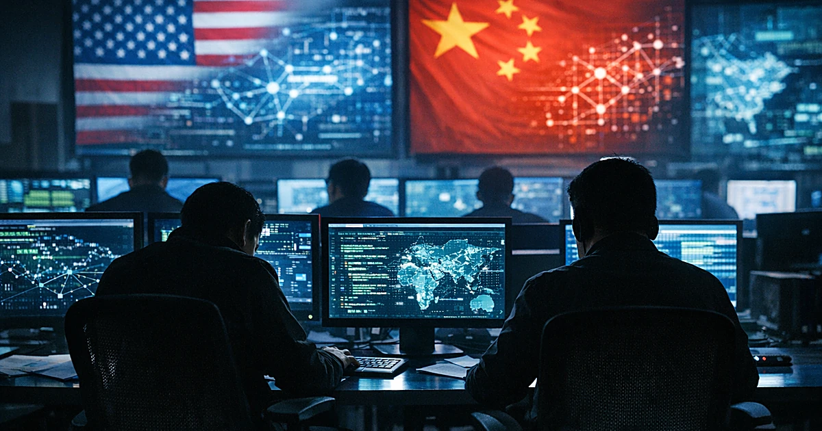 Cybersecurity operations center with silhouetted analysts working at glowing computer monitors in darkened room