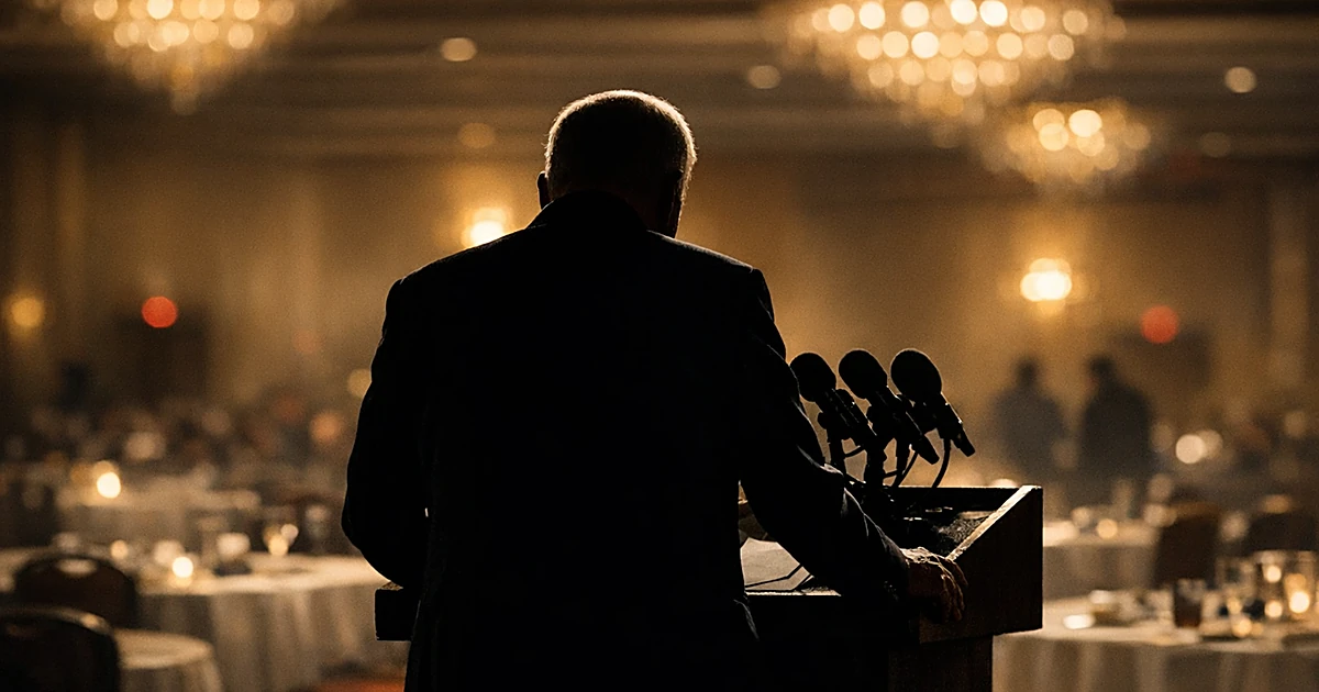 Silhouetted figure at podium in empty hotel ballroom with dramatic spotlight and abandoned tables in background