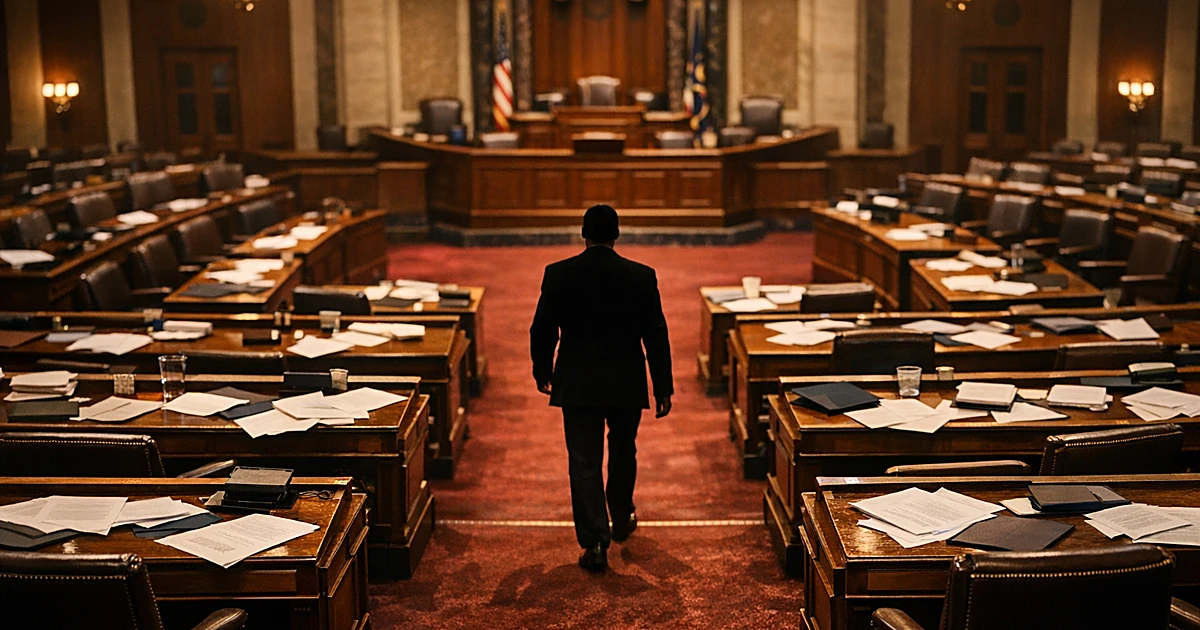 Empty legislative chamber with scattered papers and silhouetted figure walking down center aisle