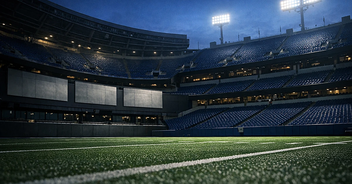 Empty professional football stadium at dusk with vacant wall panels in upper concourse area