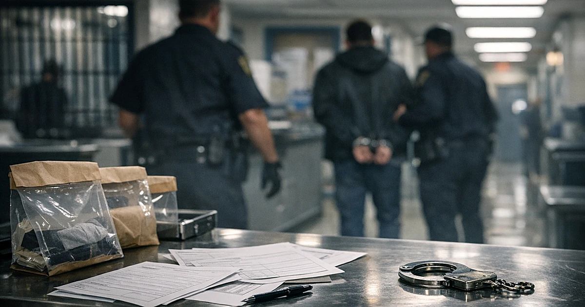 Police booking station counter with evidence processing materials and officer silhouettes in background
