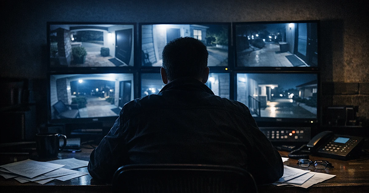 Security monitoring station with blank doorbell camera screens and silhouetted figure reviewing footage