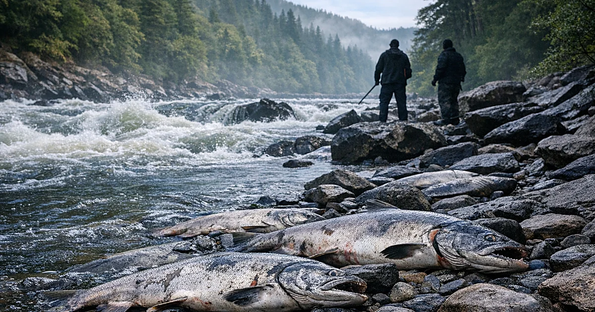 Dead salmon on rocky riverbank beside rushing tributary water in Pacific Northwest forest setting