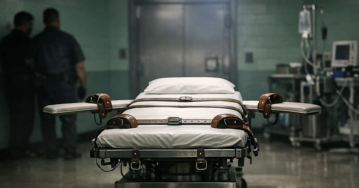 Empty execution chamber gurney with restraints under fluorescent lighting in prison facility