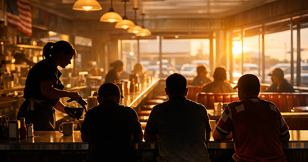 Silhouetted customers at American diner counter with server pouring coffee in warm afternoon light