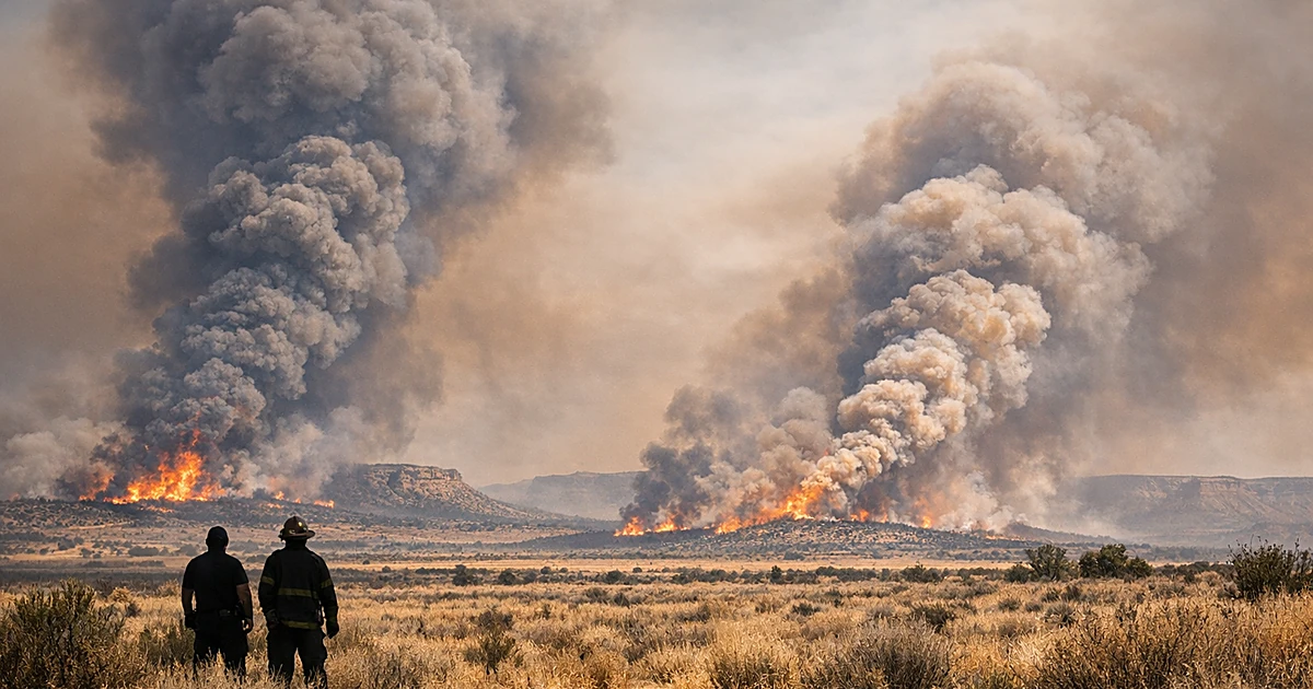 Wide landscape view of multiple wildfire smoke columns rising across dry grassland under hazy sky