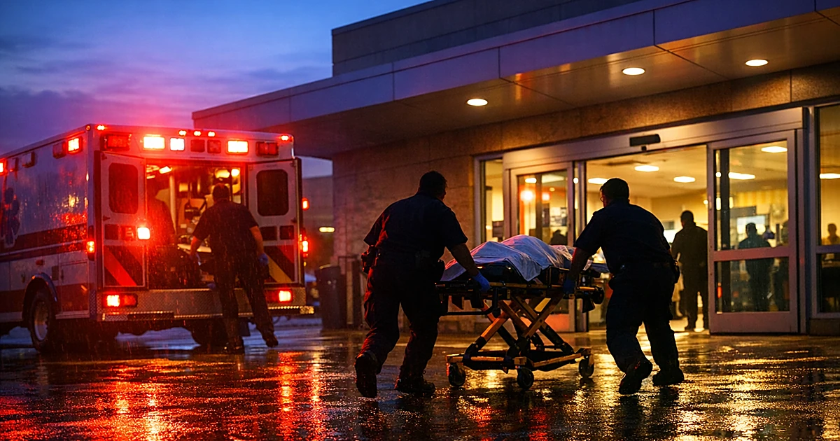 Emergency ambulance with flashing lights at hospital entrance at dusk with paramedic silhouettes moving urgently