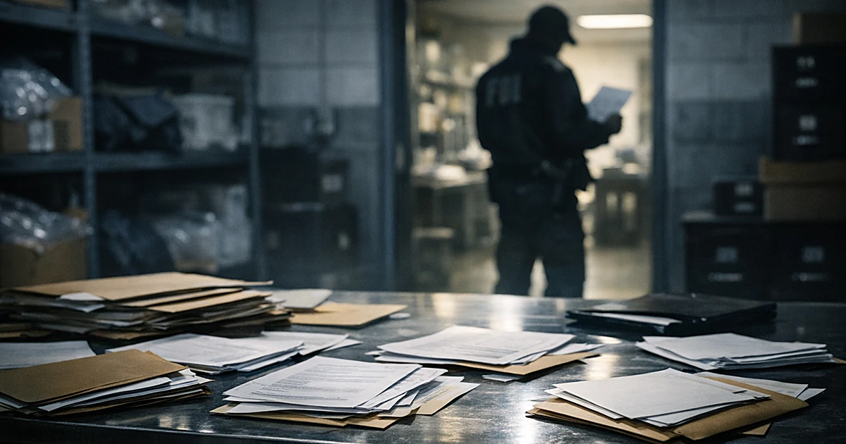 Federal evidence room with scattered documents on metal table and silhouetted agent in background