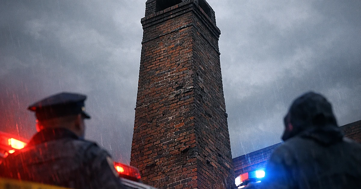 Brick chimney stack with emergency lights flashing on weathered surface against overcast sky