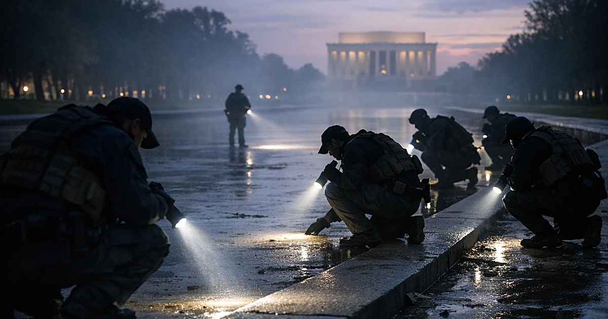 Federal law enforcement personnel examining empty reflecting pool at dusk with evidence markers visible