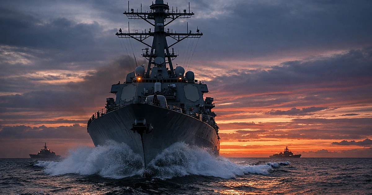 U.S. Navy warship sailing through ocean waters at dusk with dramatic sky